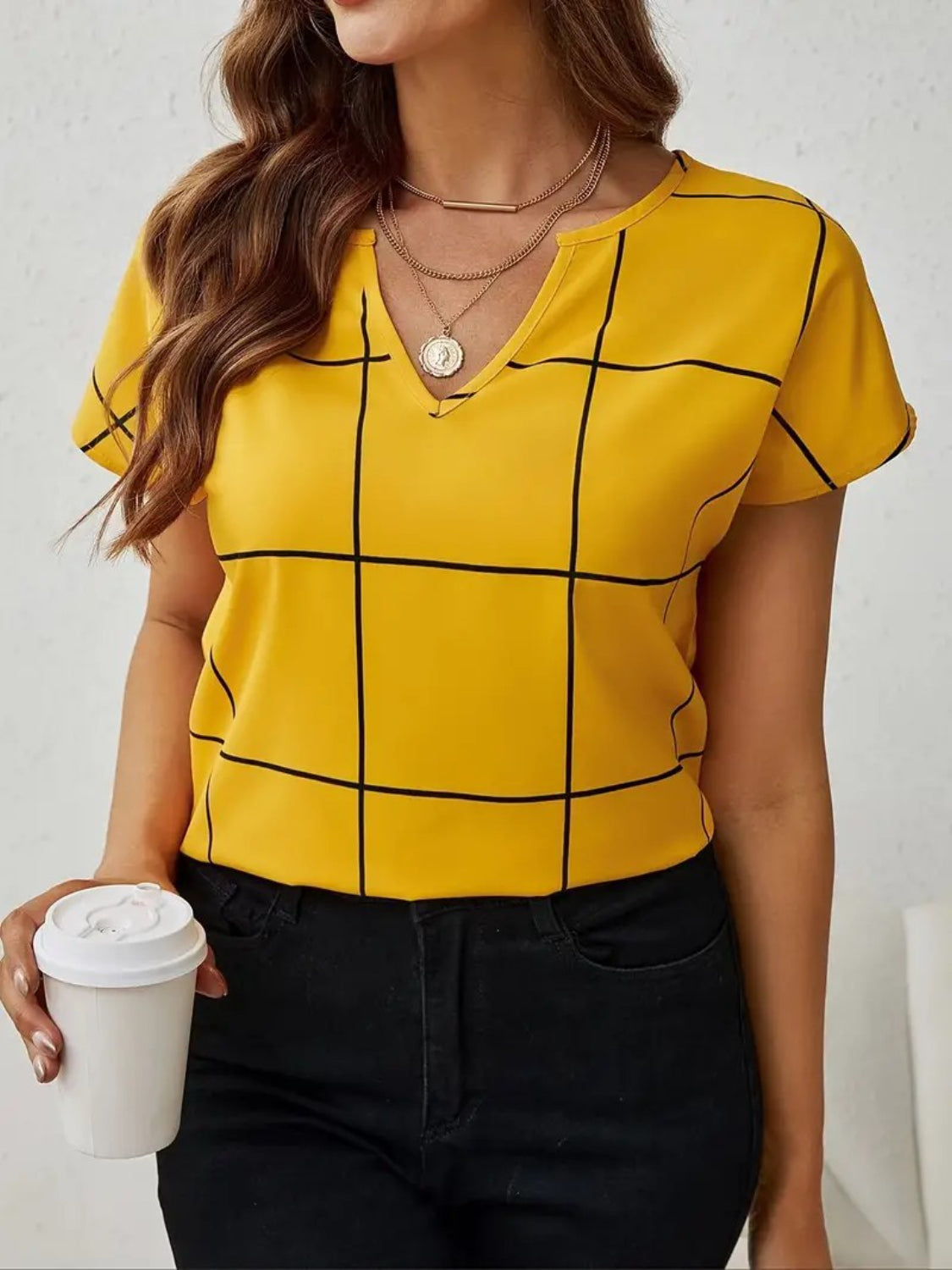 Plaid Contrast Notched Blouse.