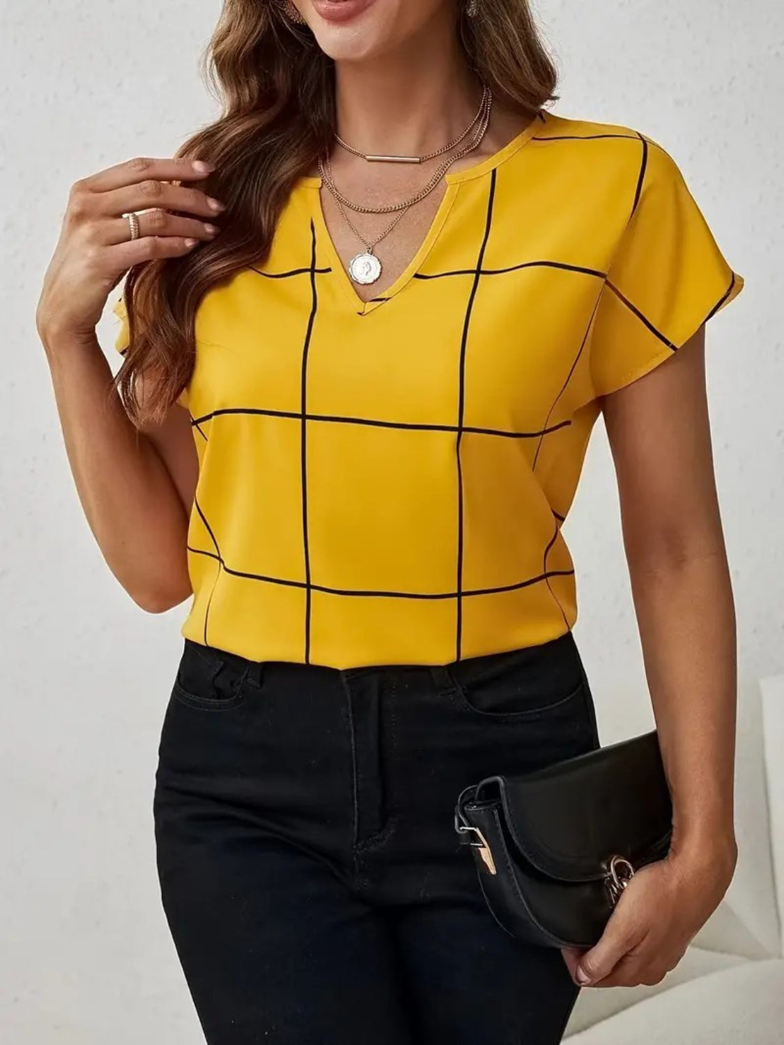 Plaid Contrast Notched Blouse.
