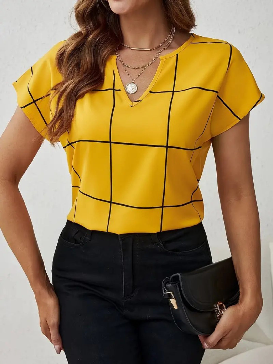 Plaid Contrast Notched Blouse.