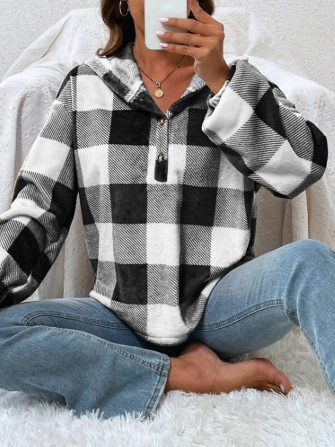 Plaid half-button long sleeve hoodie.