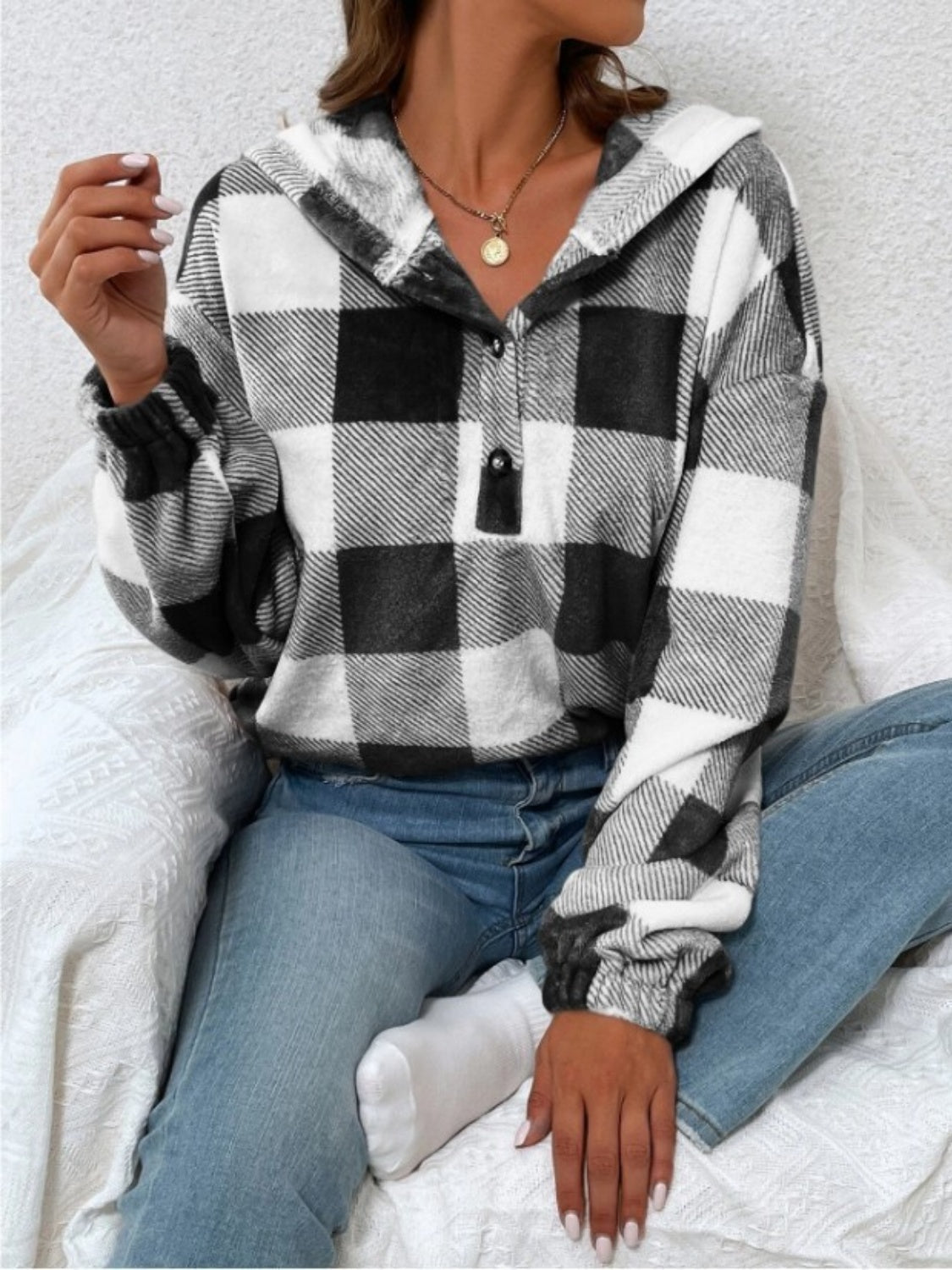 Plaid half-button long sleeve hoodie.
