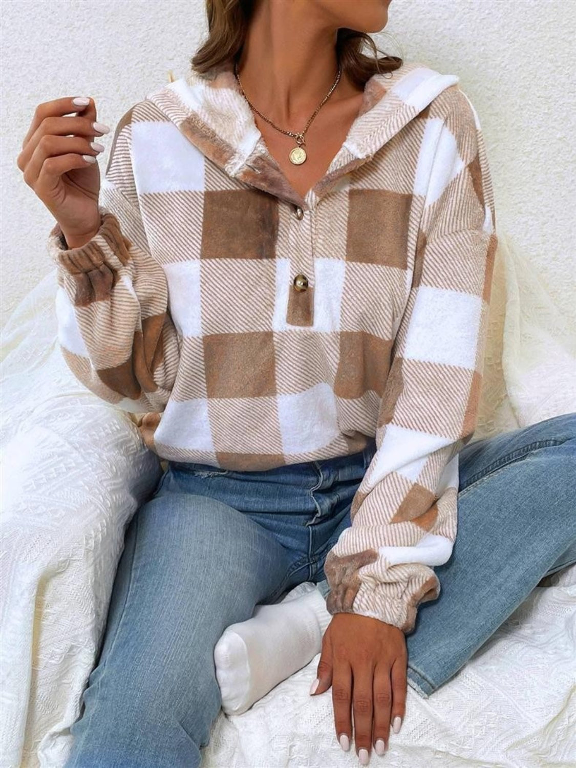 Plaid half-button long sleeve hoodie.