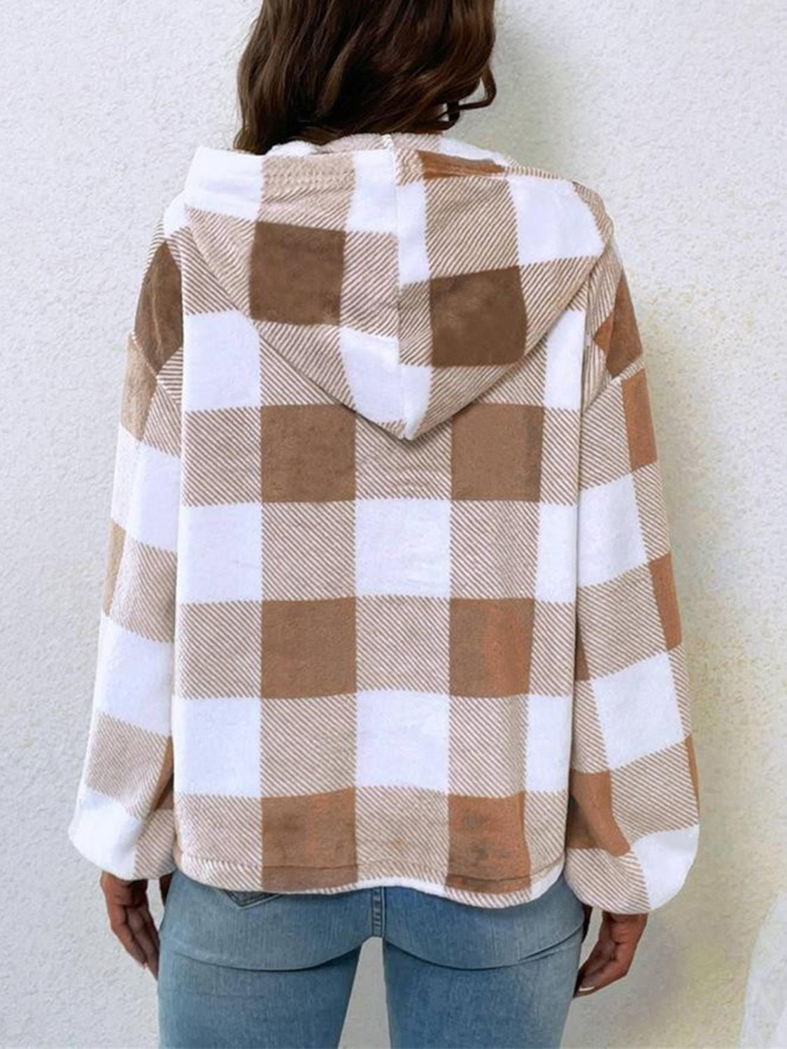 Plaid half-button long sleeve hoodie.