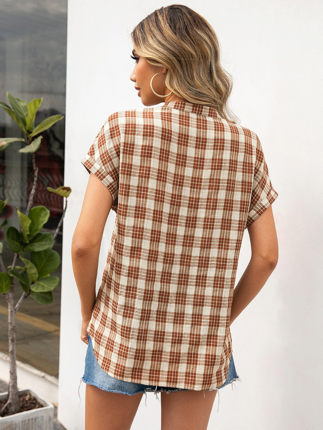 Ivy Lane Plaid Notched Short Sleeve Blouse.