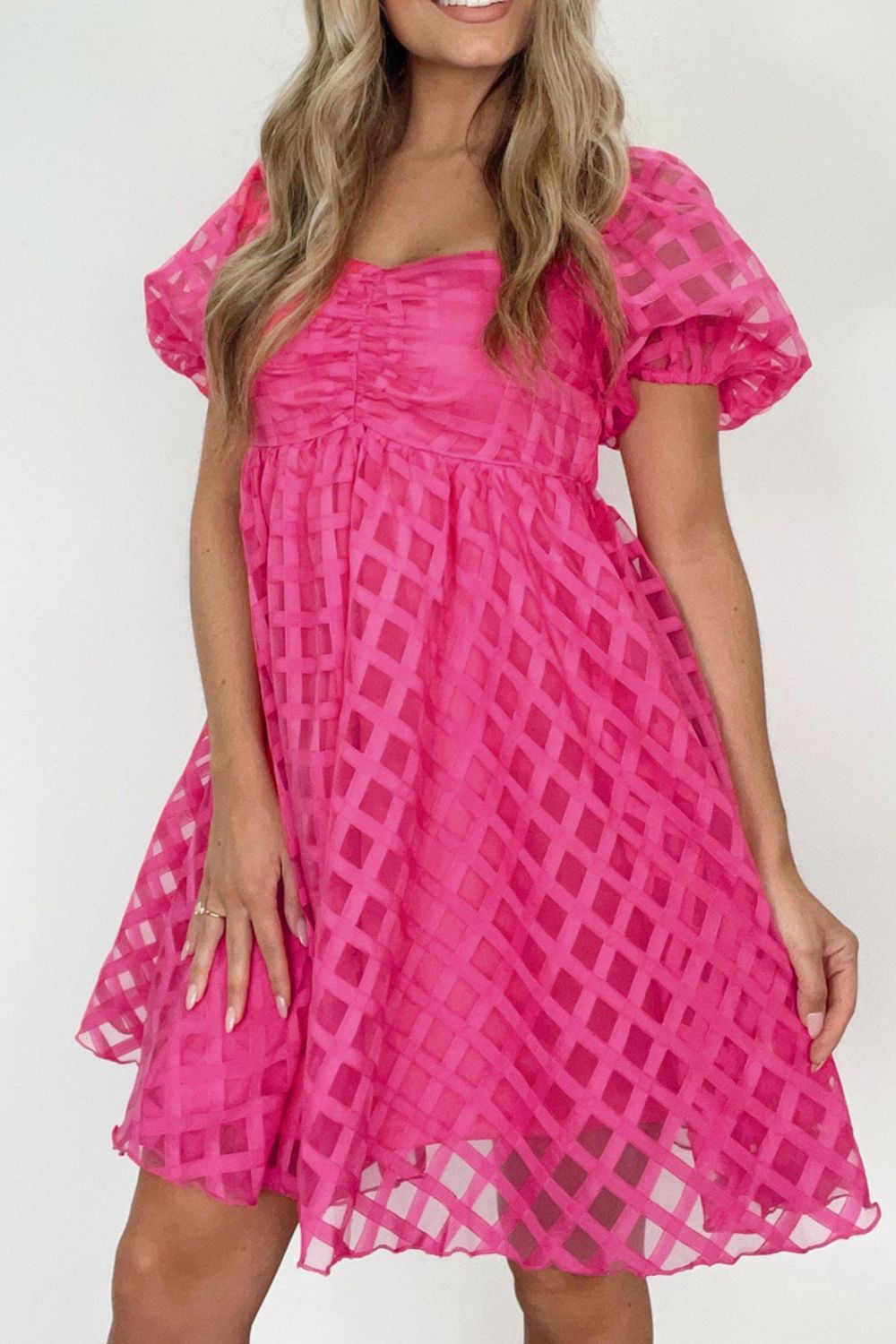 Plaid Puff Sleeve Babydoll Dress.