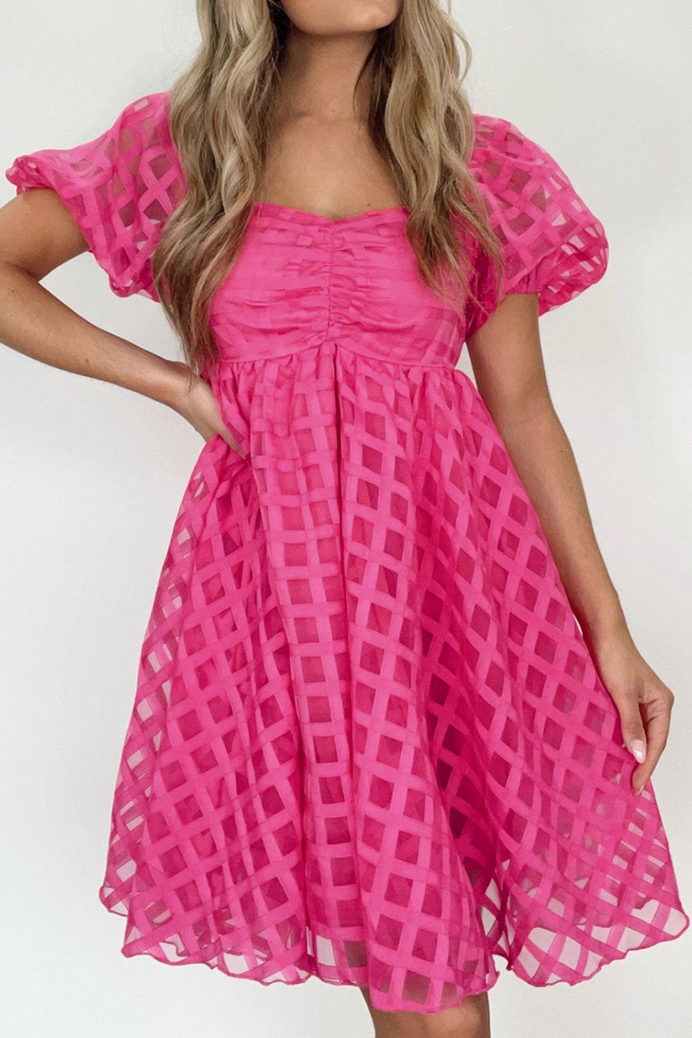 Plaid Puff Sleeve Babydoll Dress.