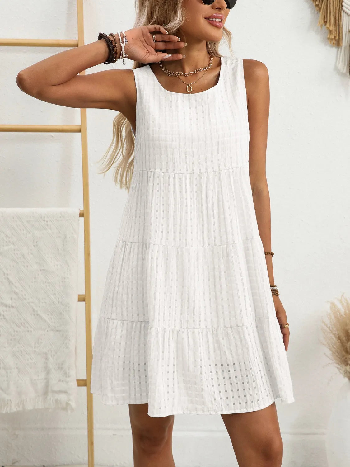 Plaid Round Neck Sleeveless Mini Dress.