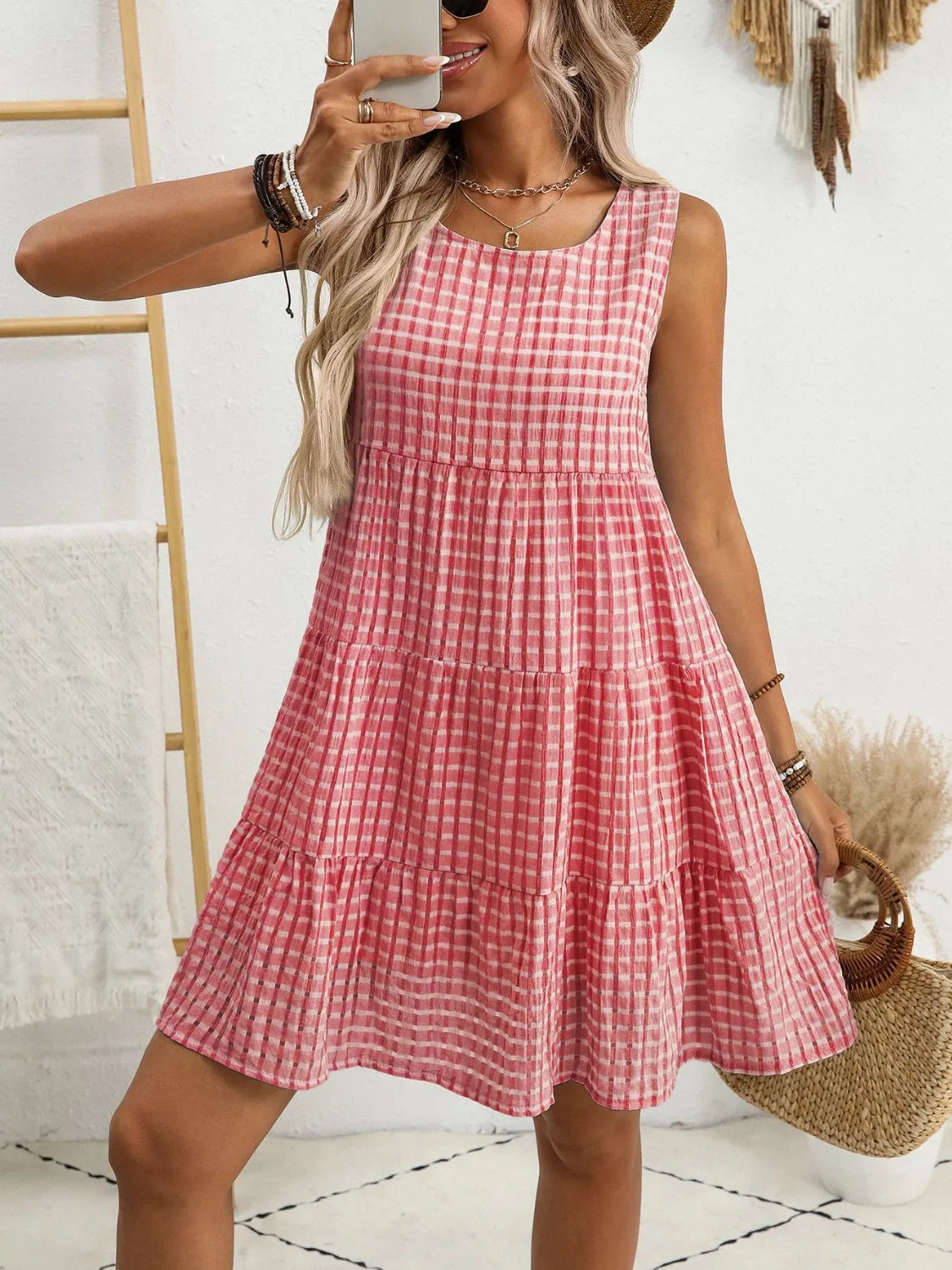 Plaid Round Neck Sleeveless Mini Dress.