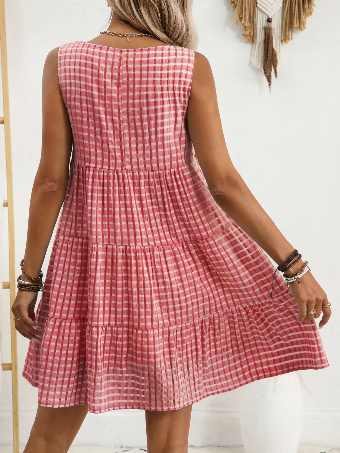 Plaid Round Neck Sleeveless Mini Dress.