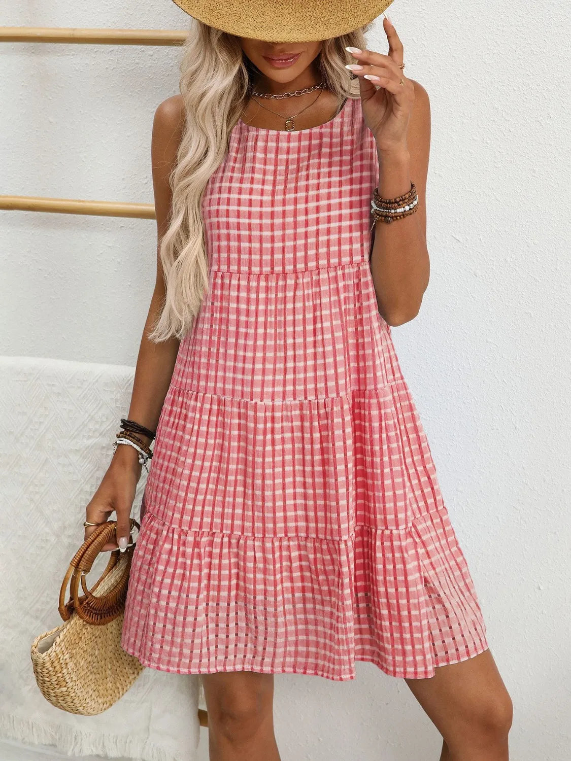 Plaid Round Neck Sleeveless Mini Dress.