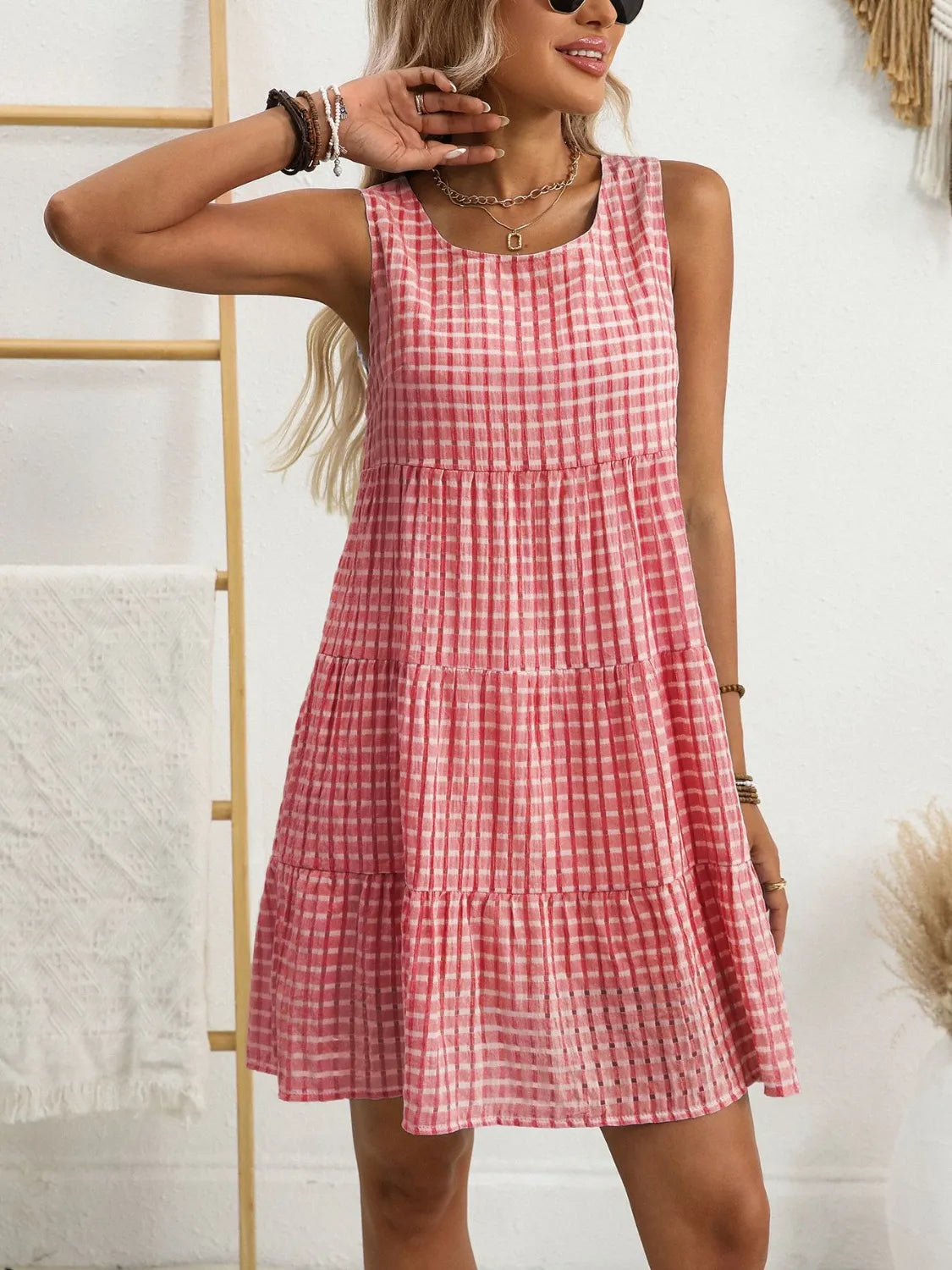 Plaid Round Neck Sleeveless Mini Dress.