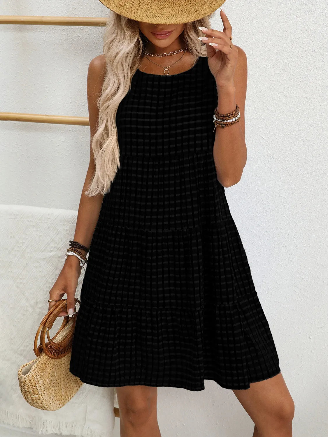 Plaid Round Neck Sleeveless Mini Dress.