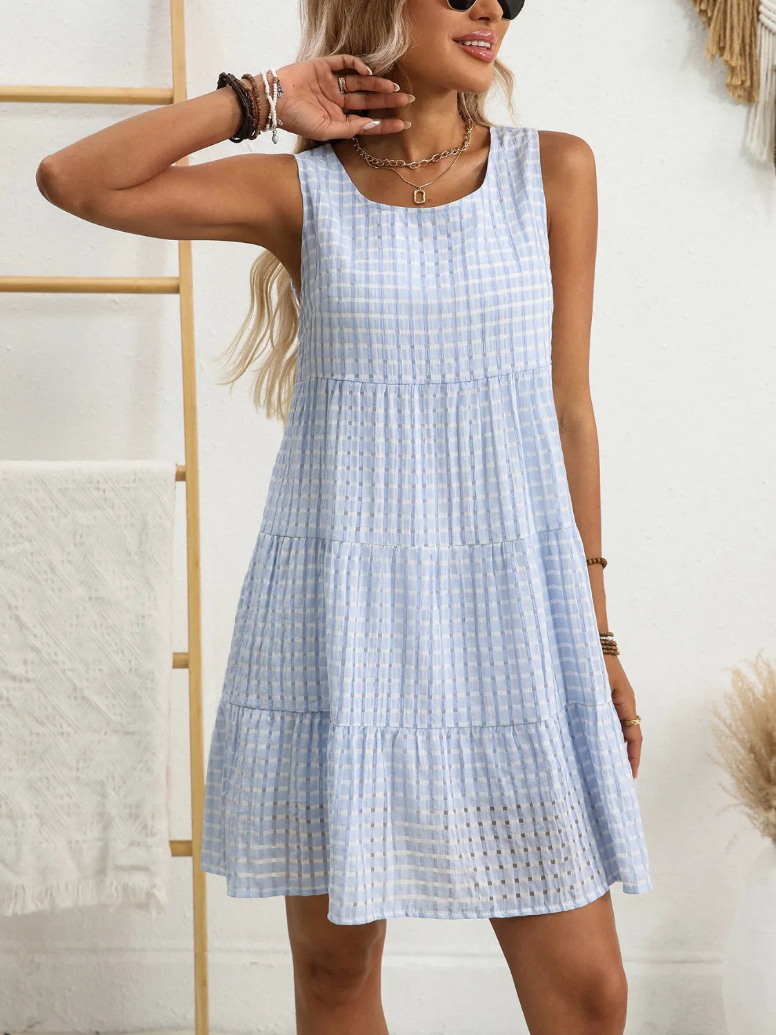 Plaid Round Neck Sleeveless Mini Dress.