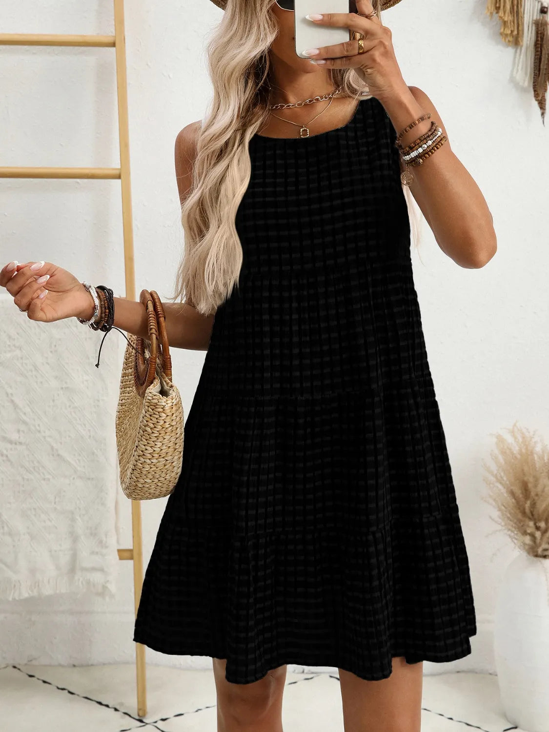 Plaid Round Neck Sleeveless Mini Dress.