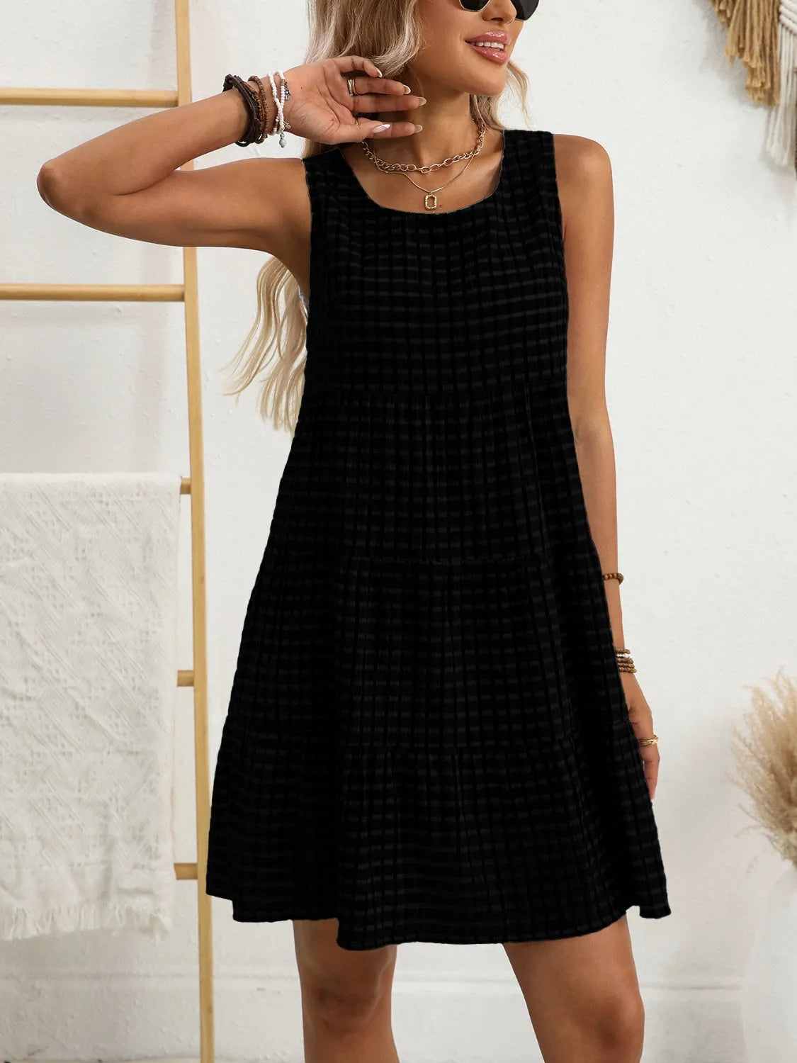 Plaid Round Neck Sleeveless Mini Dress.