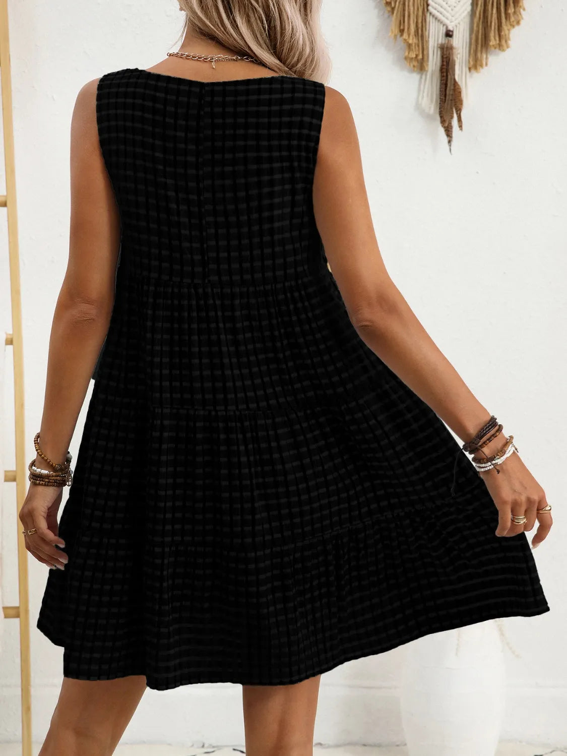 Plaid Round Neck Sleeveless Mini Dress.