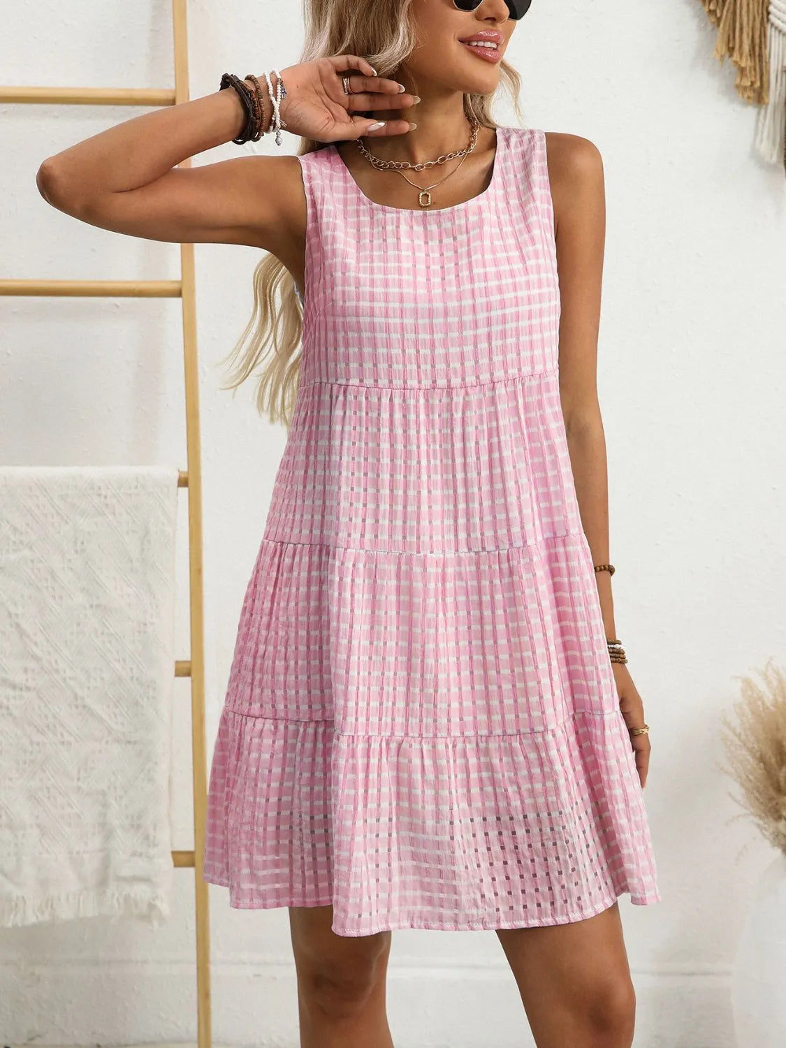 Plaid Round Neck Sleeveless Mini Dress.
