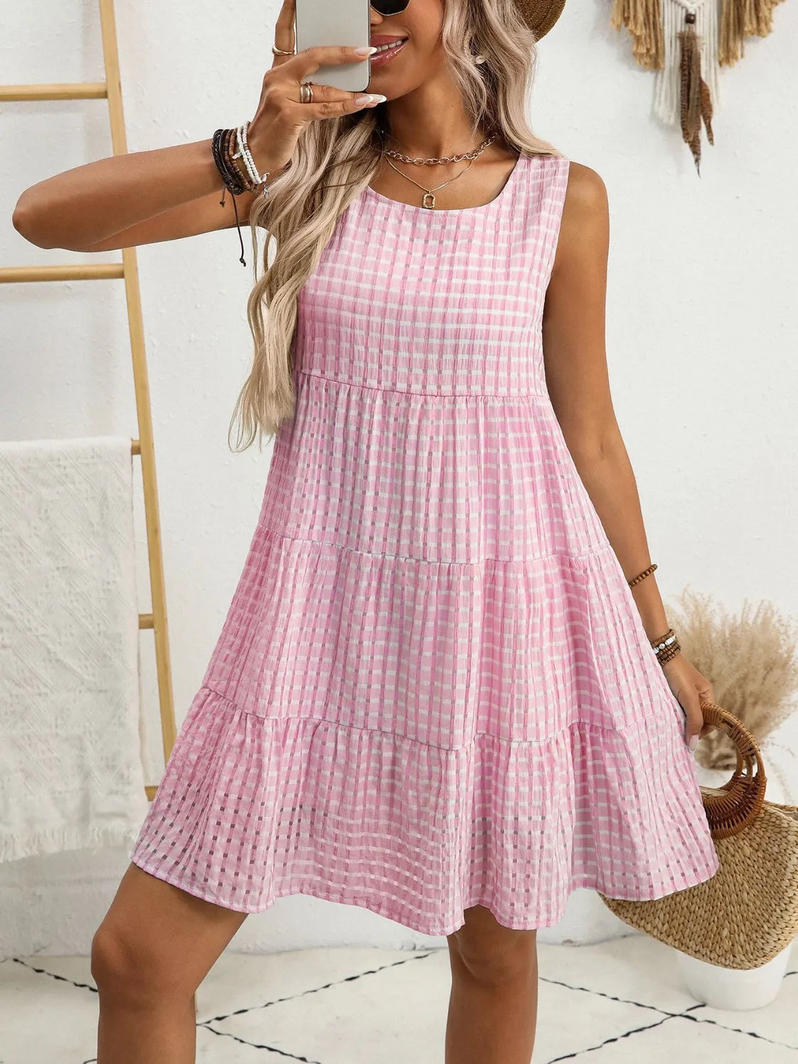 Plaid Round Neck Sleeveless Mini Dress.