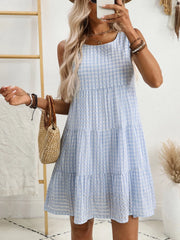 Plaid Round Neck Sleeveless Mini Dress.