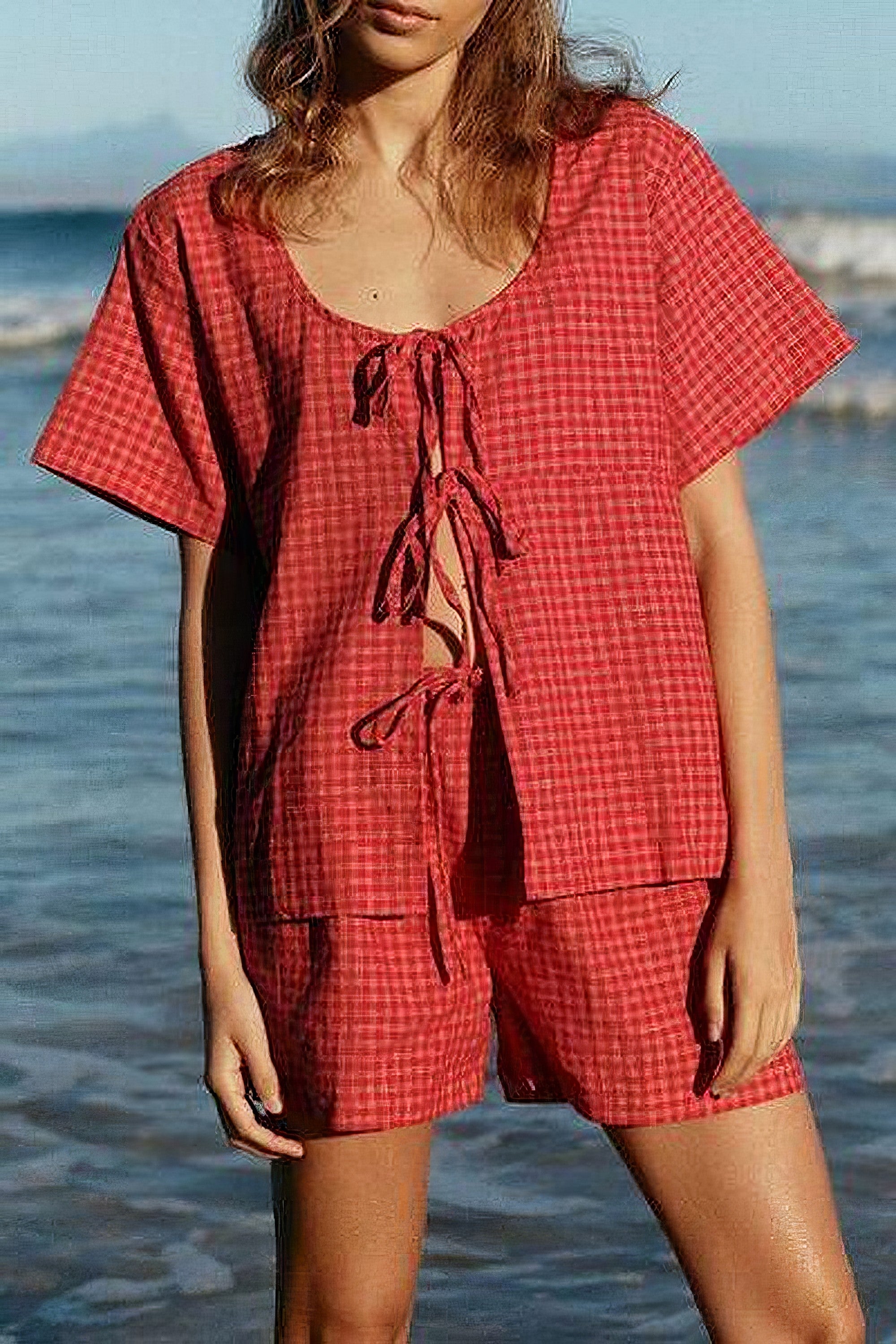 Women's plaid tied scoop neck short sleeve top and drawstring shorts set