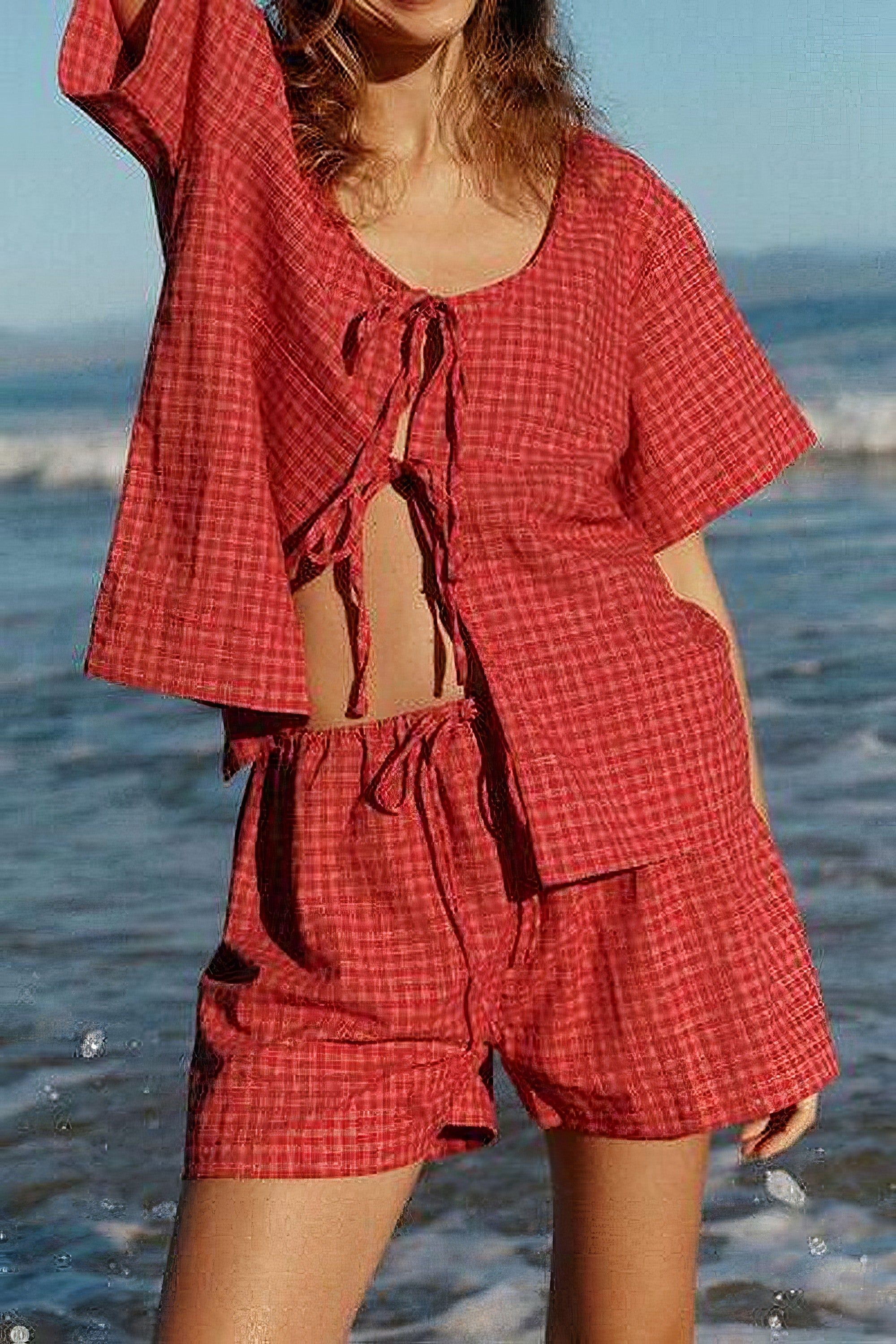 Women's plaid tied scoop neck short sleeve top and drawstring shorts set