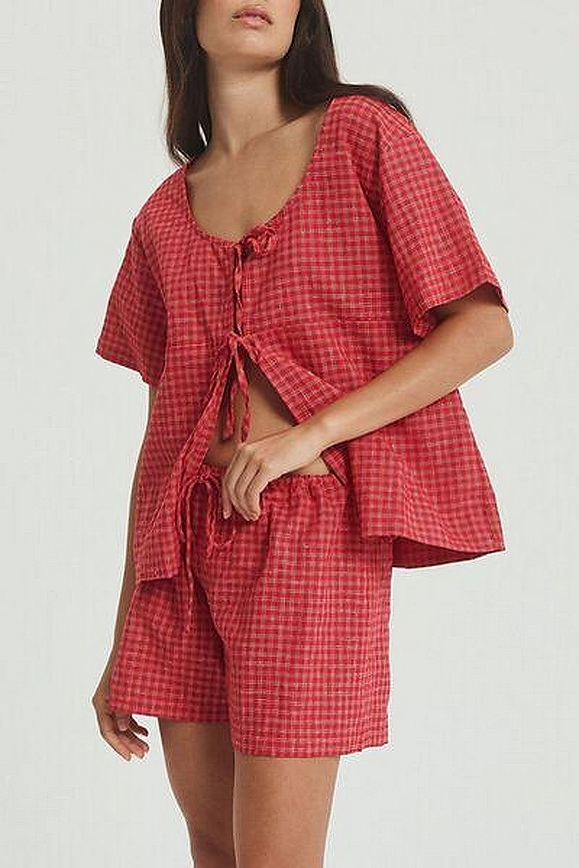 Women's plaid tied scoop neck short sleeve top and drawstring shorts set