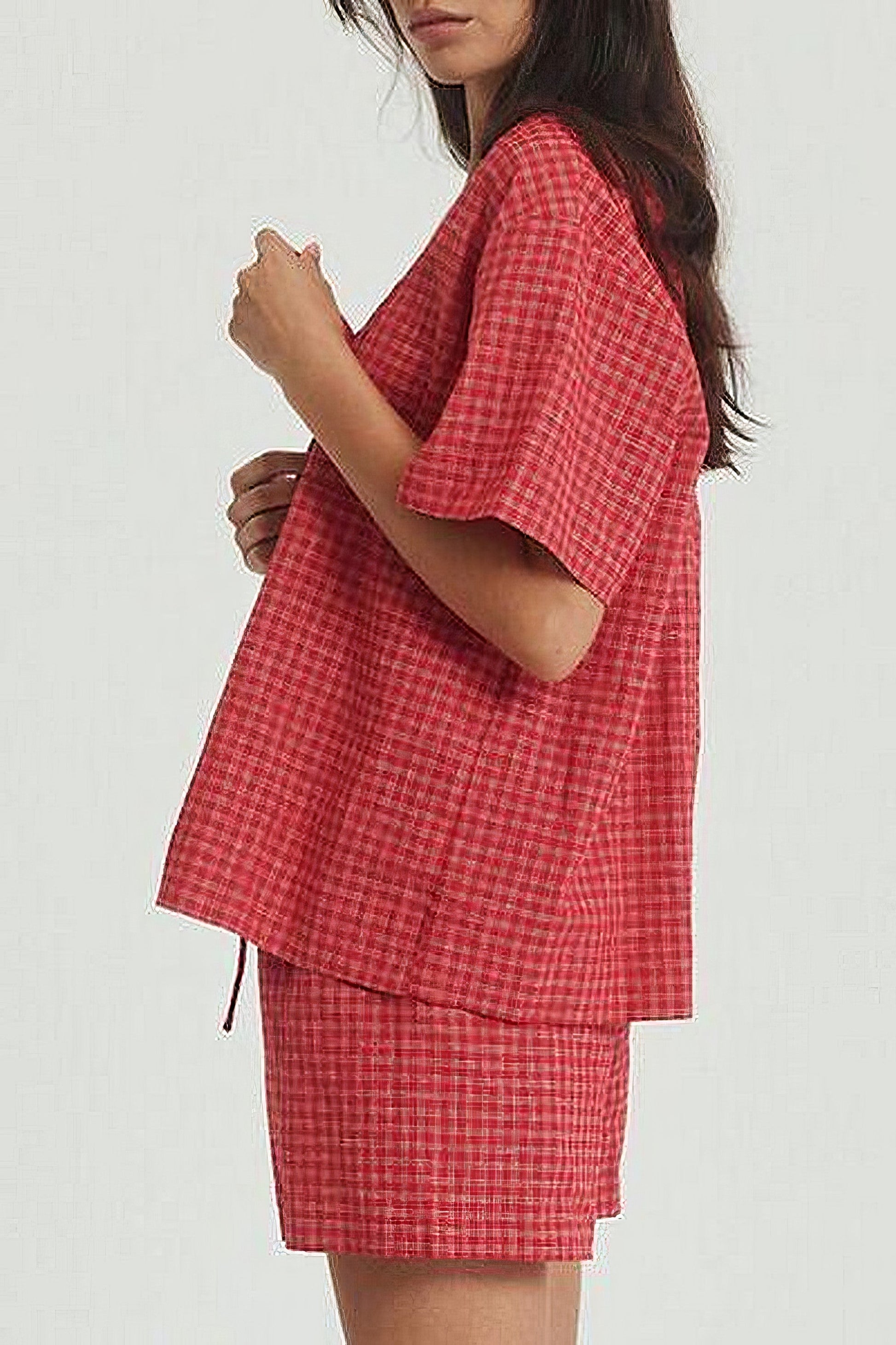 Women's plaid tied scoop neck short sleeve top and drawstring shorts set
