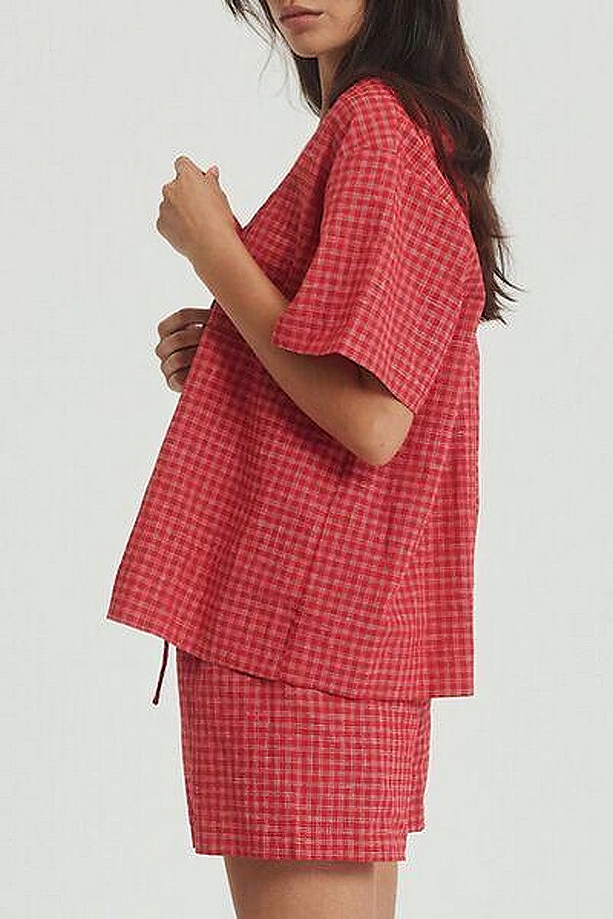 Women's plaid tied scoop neck short sleeve top and drawstring shorts set