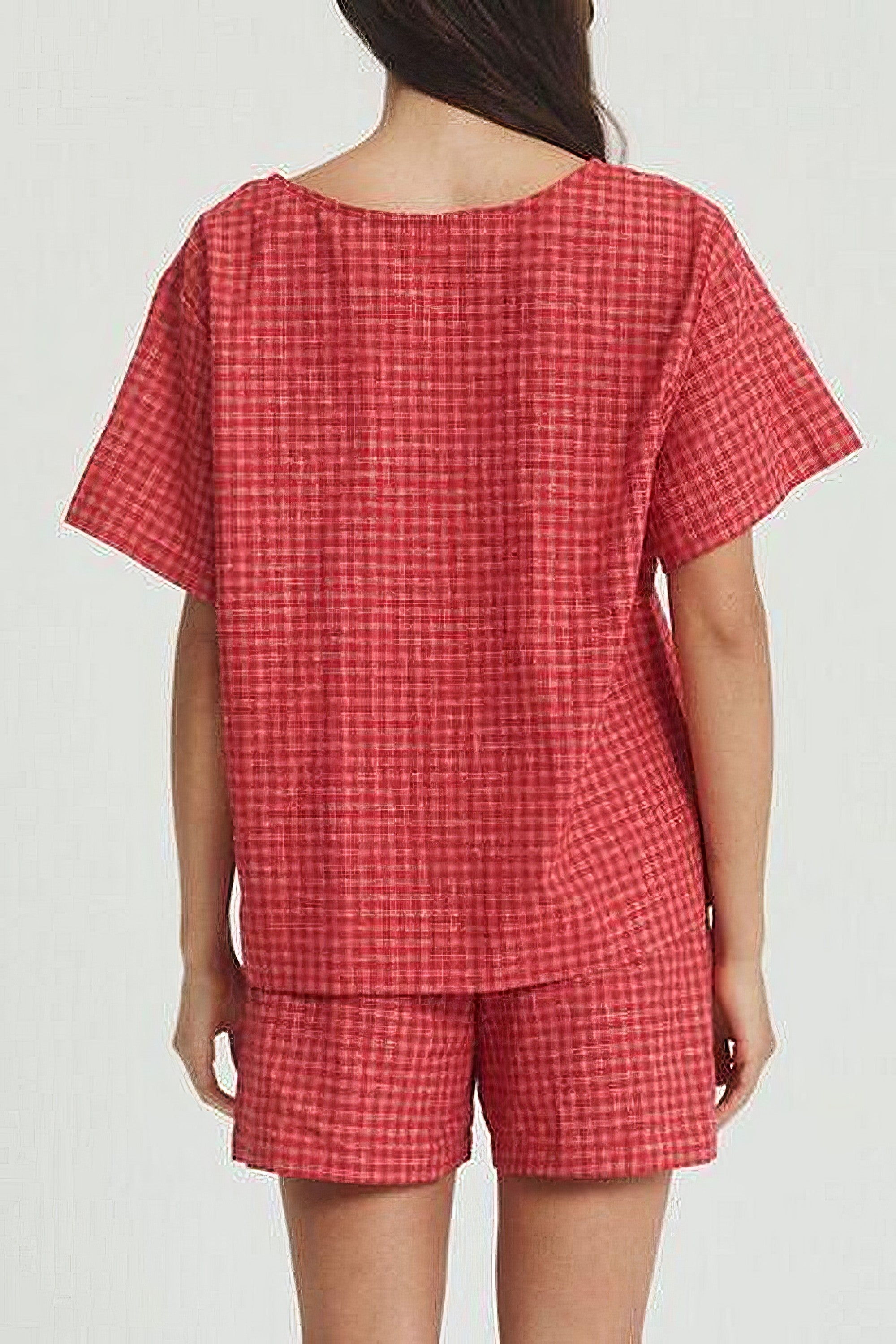 Women's plaid tied scoop neck short sleeve top and drawstring shorts set