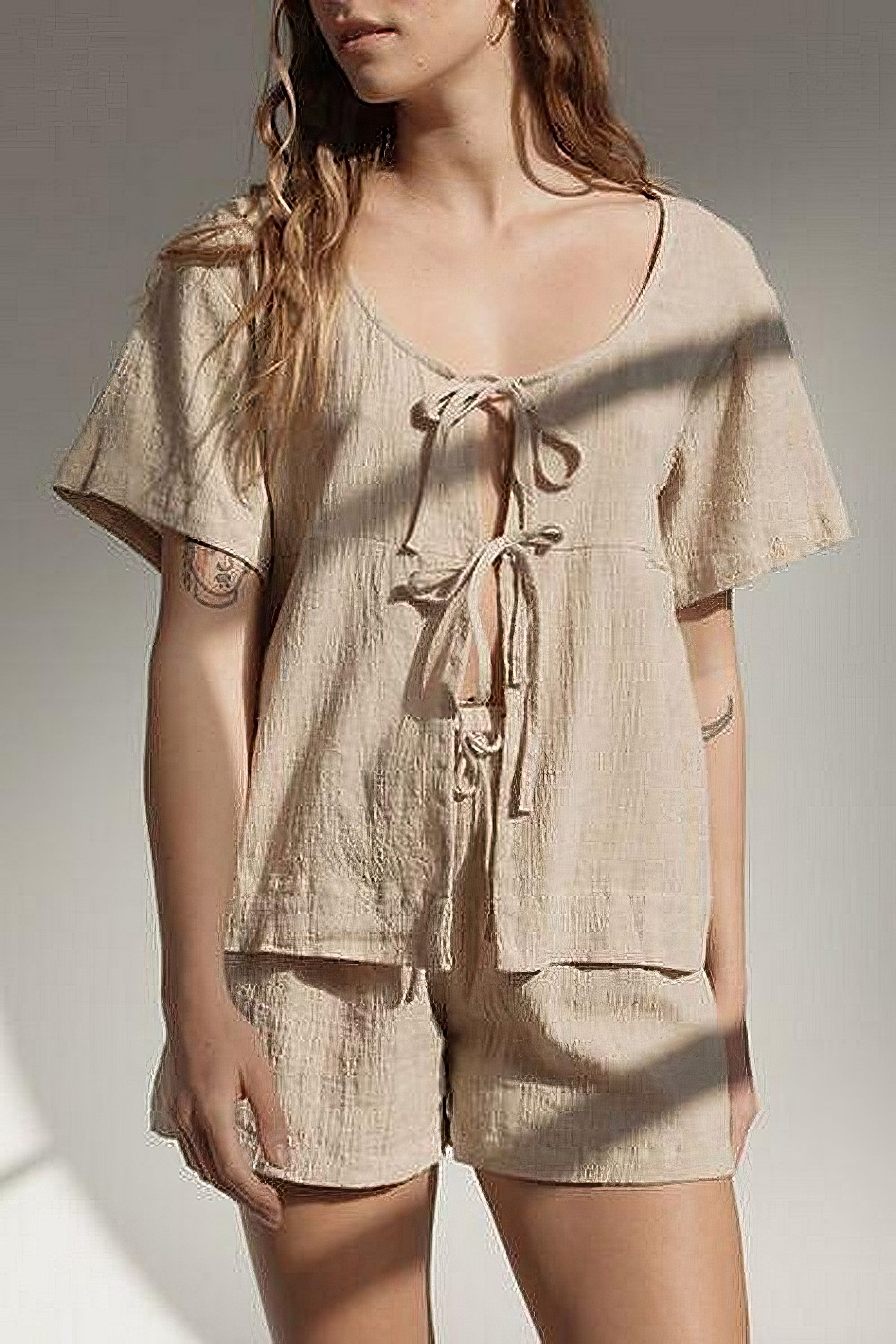 Women's plaid tied scoop neck short sleeve top and drawstring shorts set