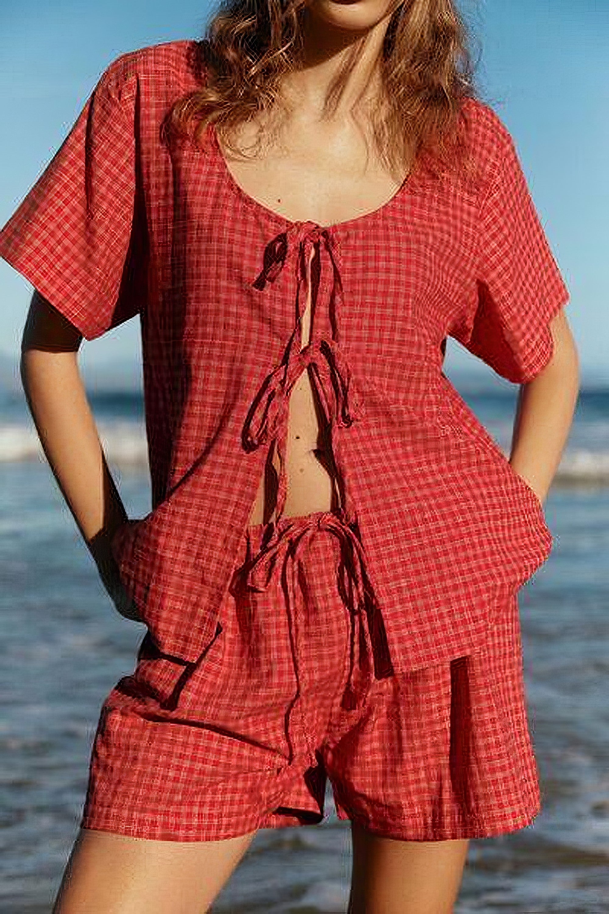 Women's plaid tied scoop neck short sleeve top and drawstring shorts set