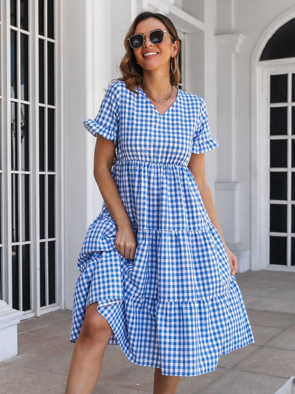Plaid V-Neck Short Sleeve Midi Dress.