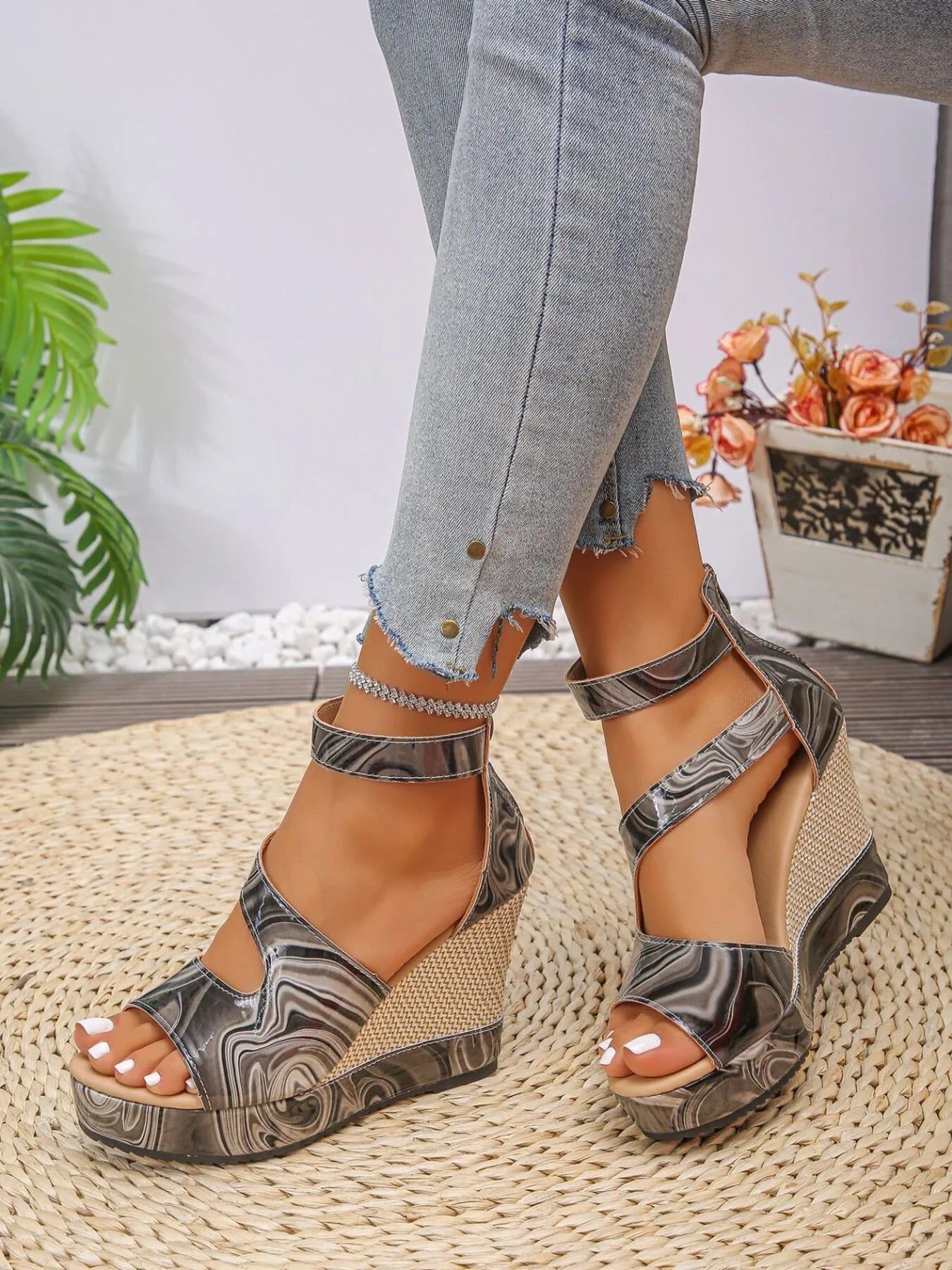 High heel platform wedge sandals with ankle strap.