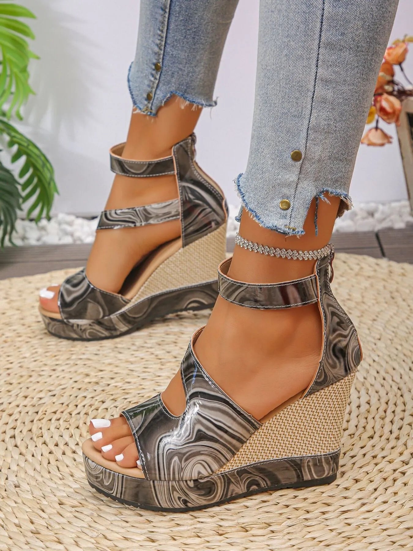 High heel platform wedge sandals with ankle strap.