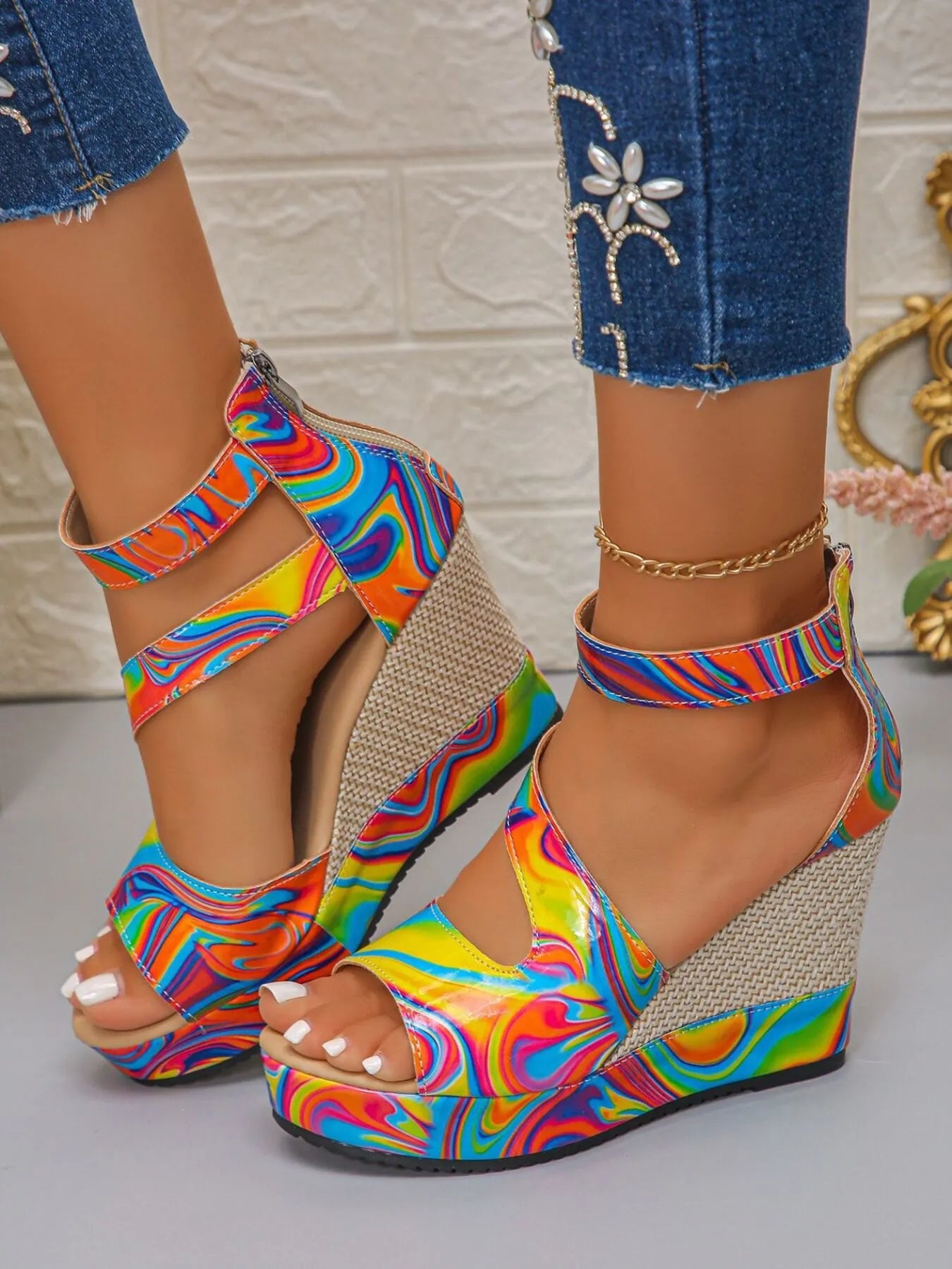 High heel platform wedge sandals with ankle strap.