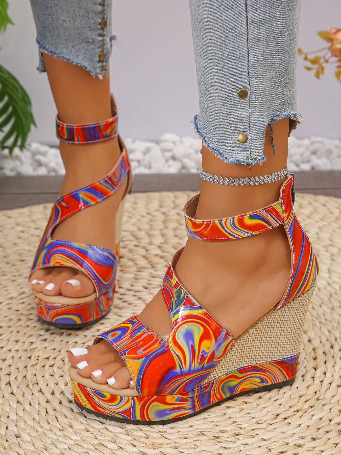 High heel platform wedge sandals with ankle strap.