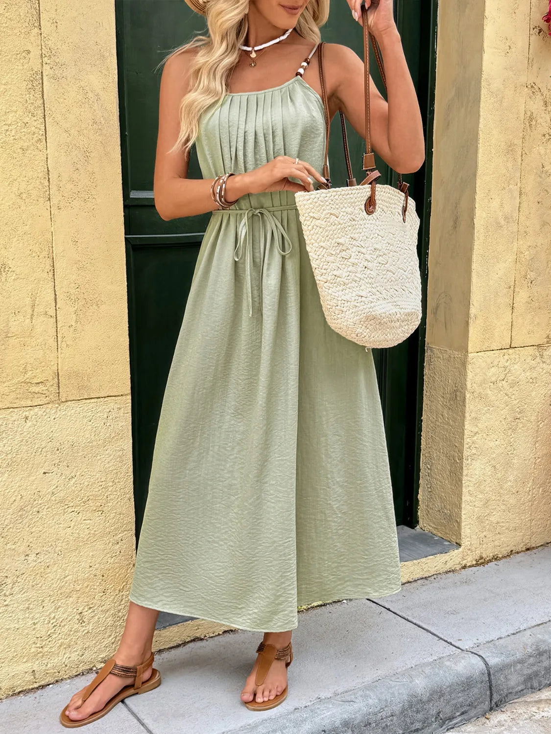 Pleated Adjustable Strap Cami Dress.