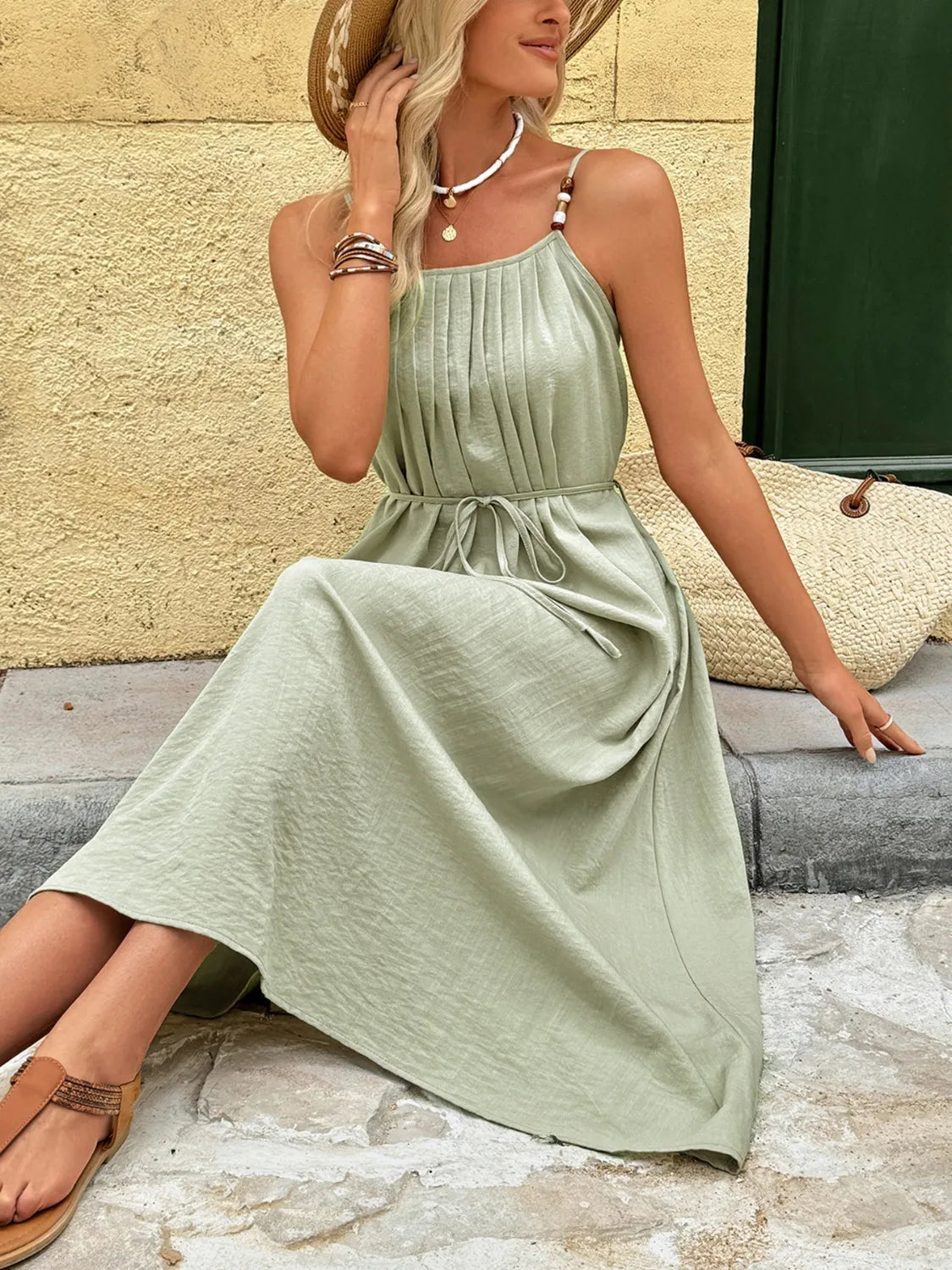 Pleated Adjustable Strap Cami Dress.