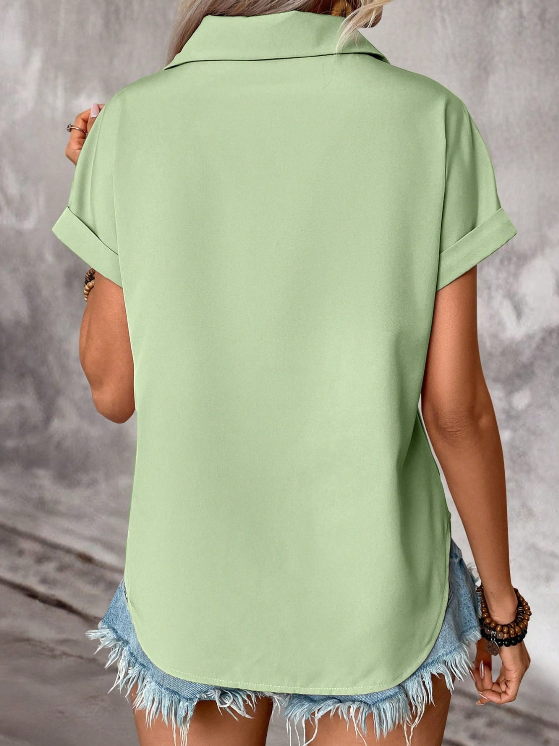 Pleated Detail Collared Neck Short Sleeve Shirt.