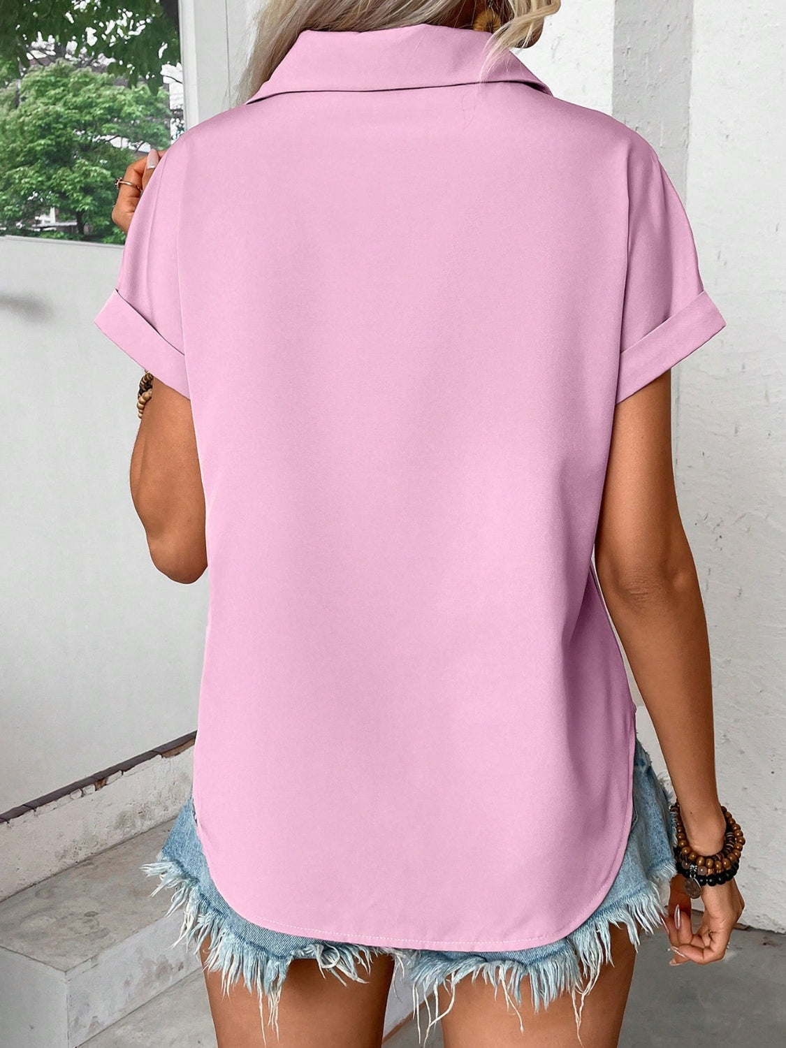 Pleated Detail Collared Neck Short Sleeve Shirt.