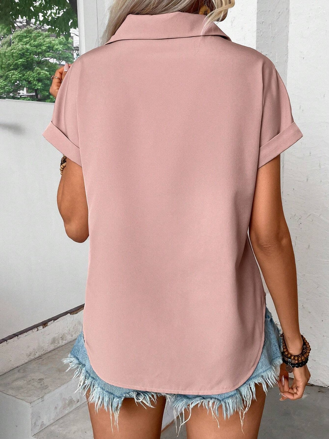 Pleated Detail Collared Neck Short Sleeve Shirt.