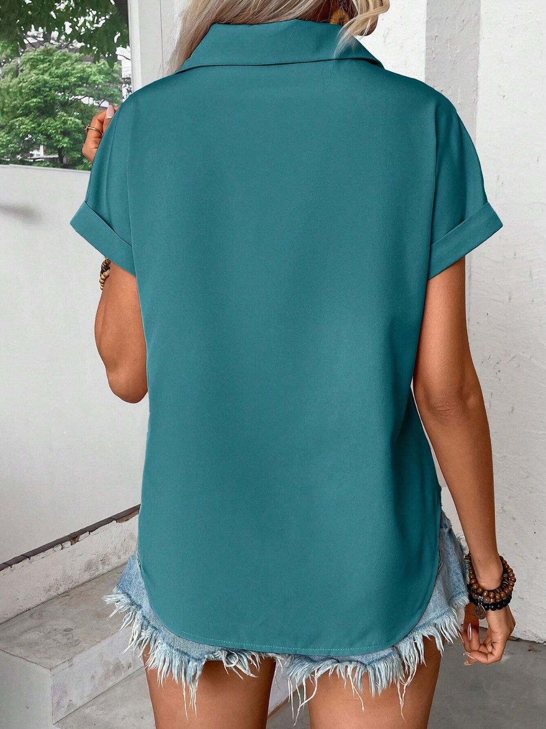 Pleated Detail Collared Neck Short Sleeve Shirt.