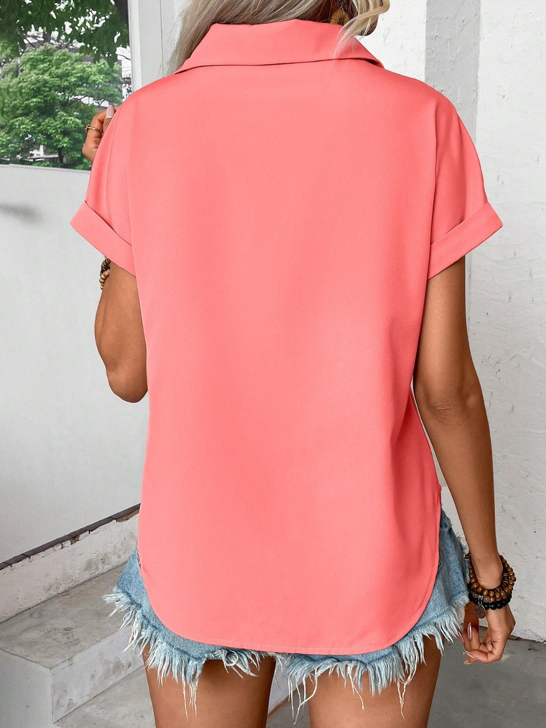 Pleated Detail Collared Neck Short Sleeve Shirt.