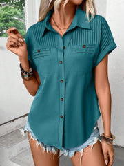 Pleated Detail Collared Neck Short Sleeve Shirt.