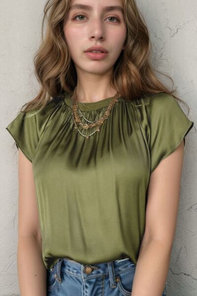 Pleated Flutter Sleeve Satin Top with Ruched.