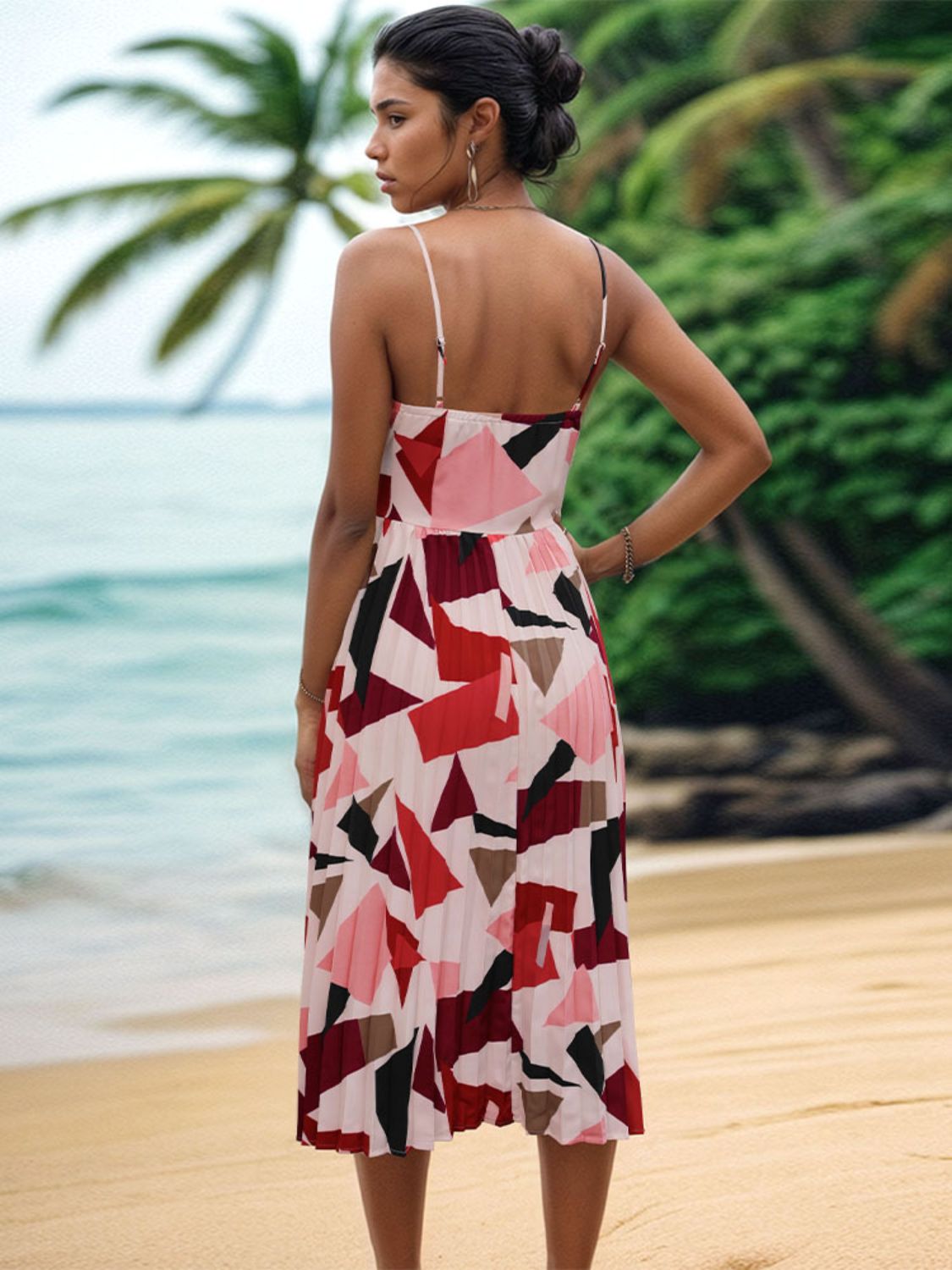 Perfee Pleated Geometric Spaghetti Strap Dress.