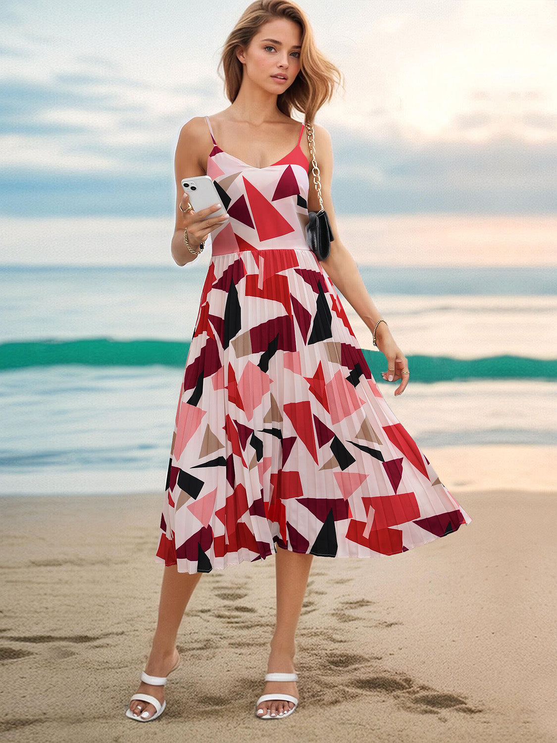 Perfee Pleated Geometric Spaghetti Strap Dress.