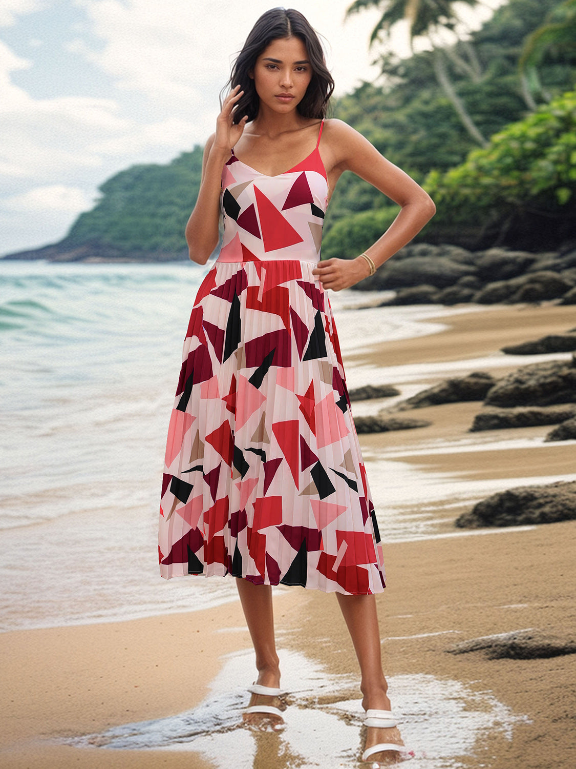 Perfee Pleated Geometric Spaghetti Strap Dress.