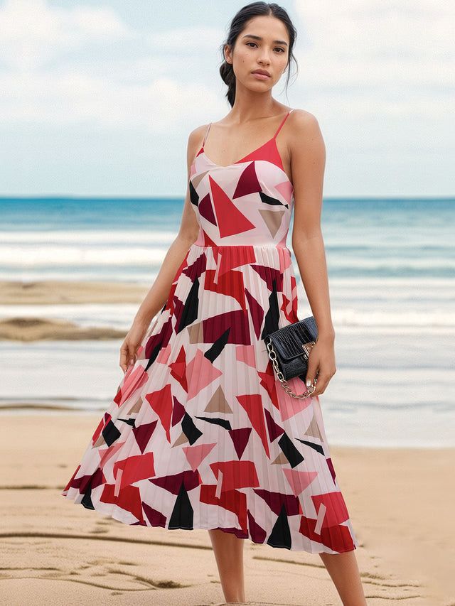 Perfee Pleated Geometric Spaghetti Strap Dress.