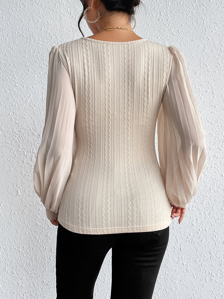 Honey Pleated Puff Sleeve Round Neck Blouse.